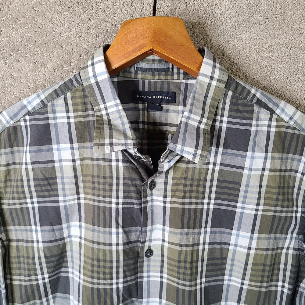 Banana Republic Shirt Men Large Green Gray‎ Plaid Button Down Cotton Blend